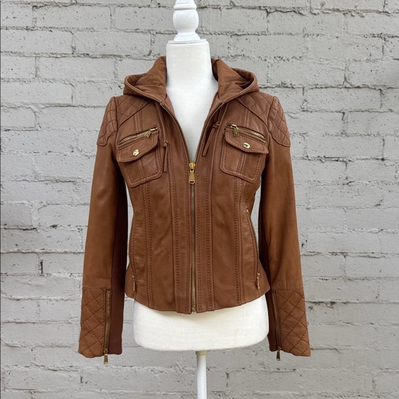 MICHAEL Michael Kors Leather Jacket Camel Brown Quilted Size Petite M - Picture 3 of 16